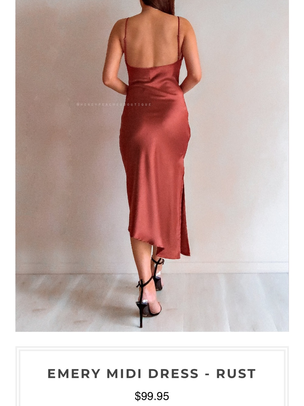 Peaches Uniforms Emery Satin Midi Dress in Rust
